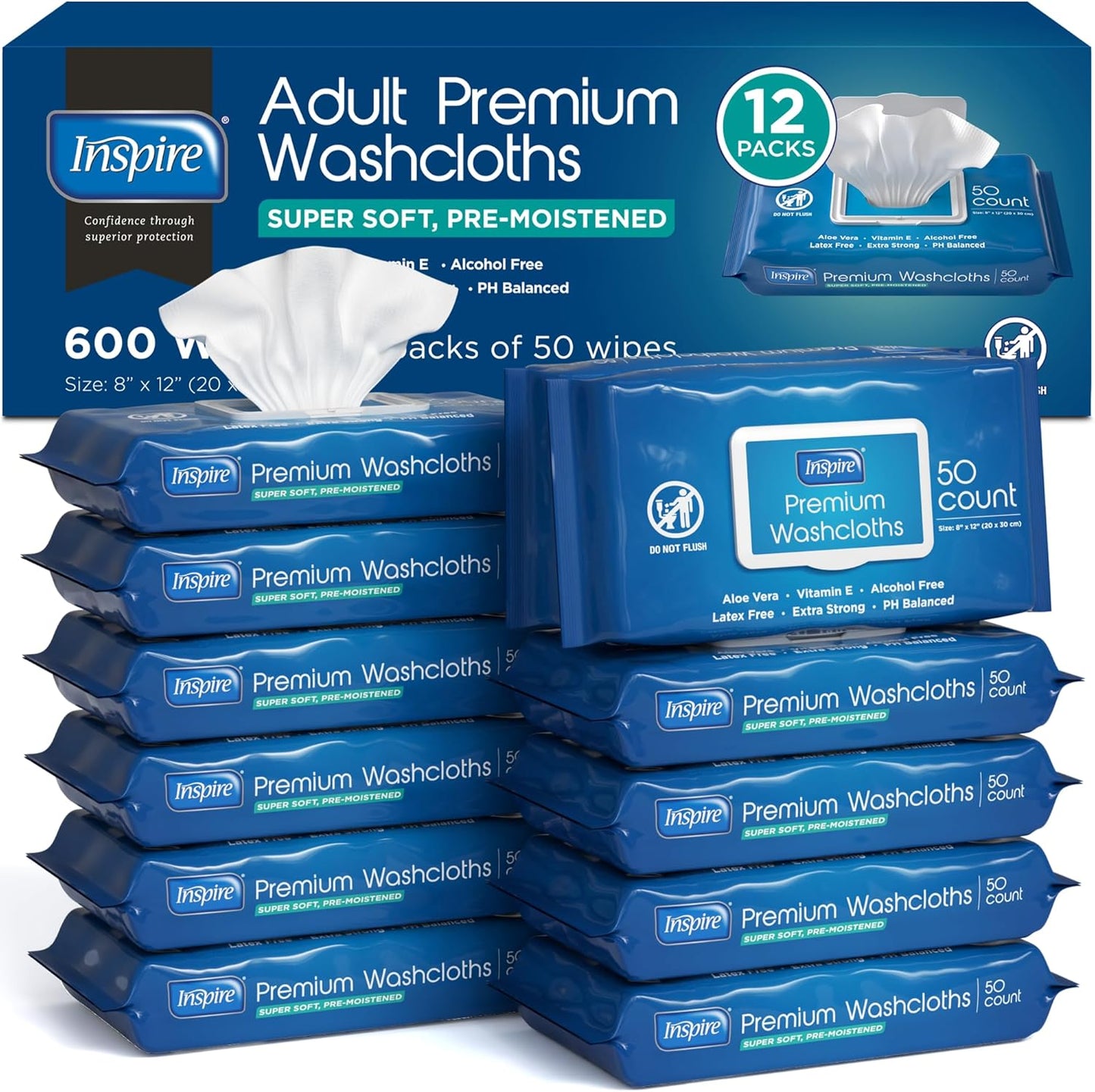 Inspire Adult Wet Wipes And Wash Cloths 12 Pack Bundle Front View USA Imported