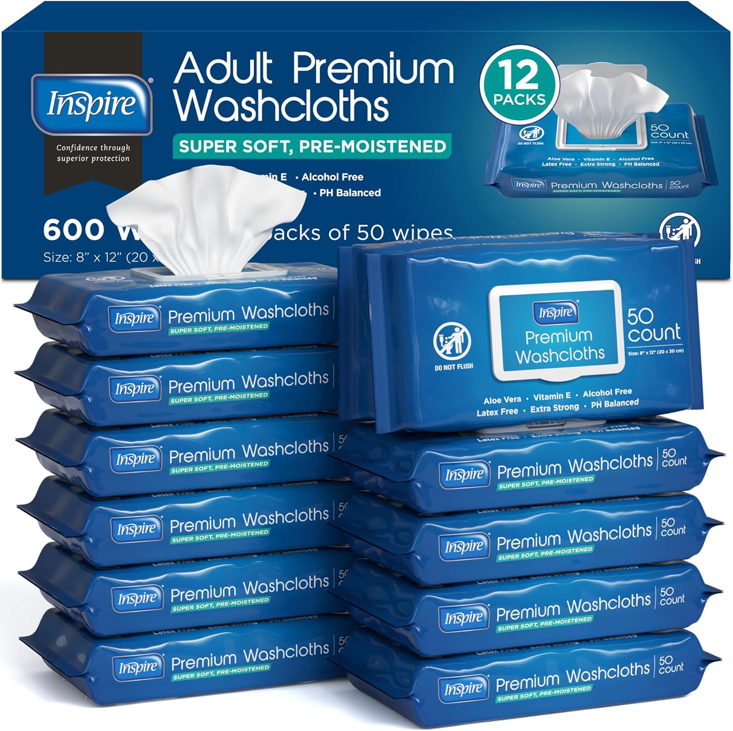 Inspire Adult Wet Wipes And Wash Cloths 12 Pack Bundle Front View USA Imported