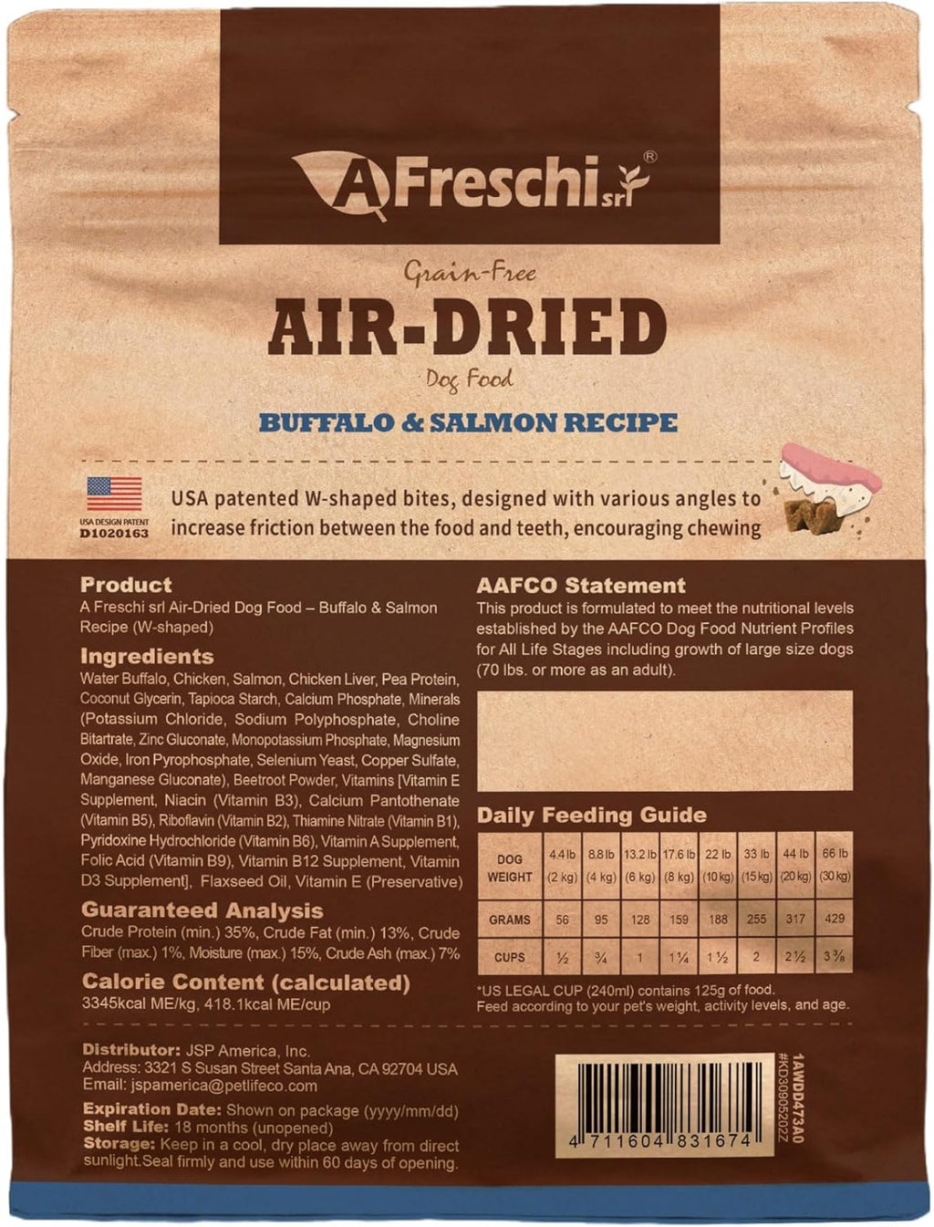 Authentic USA imported packaging showing seal details and clear feeding instruction guidelines for adult dogs.