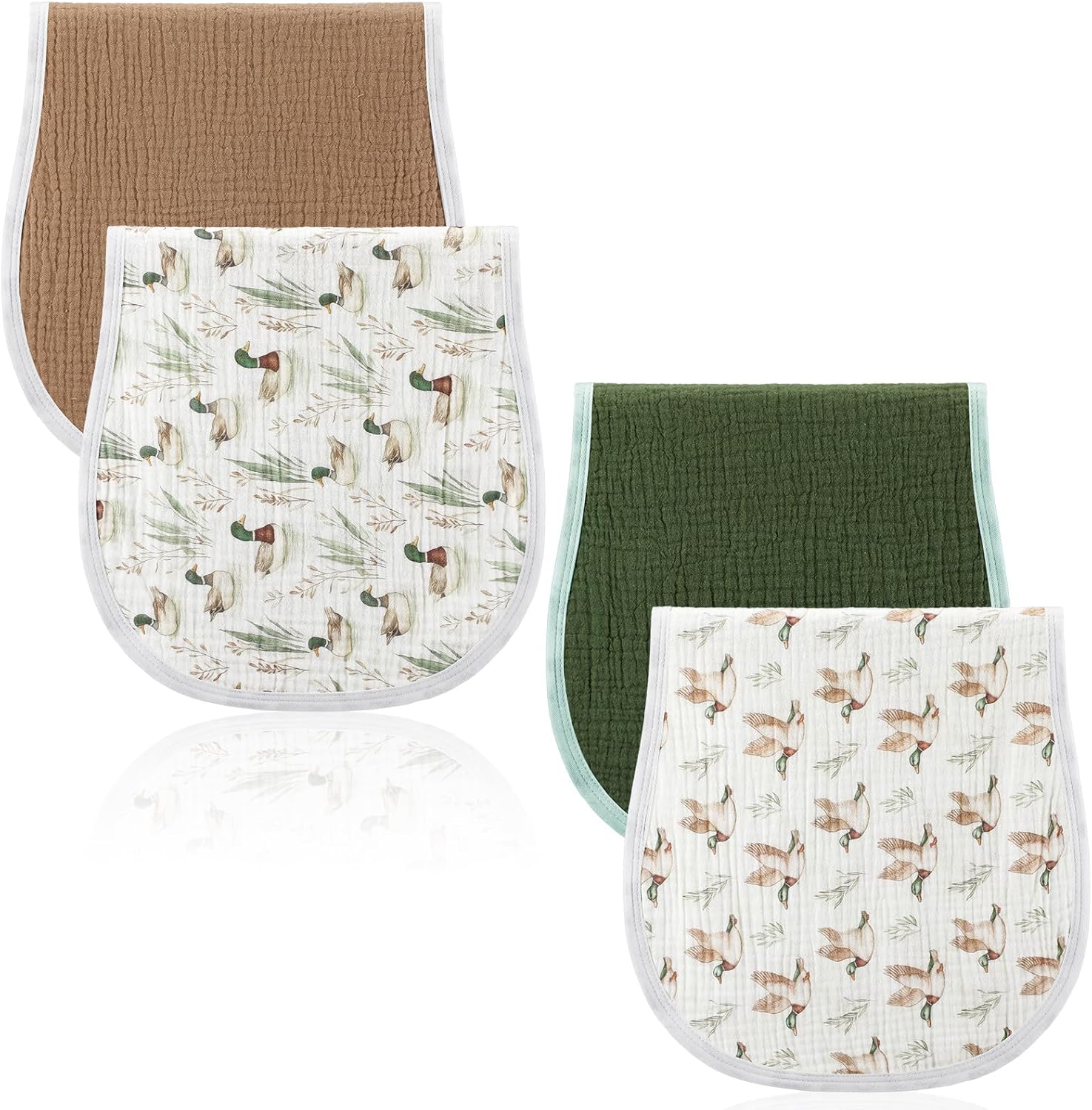 Hahafelt mallard duck baby burp cloths four piece set front view showing classic green and brown solid colors