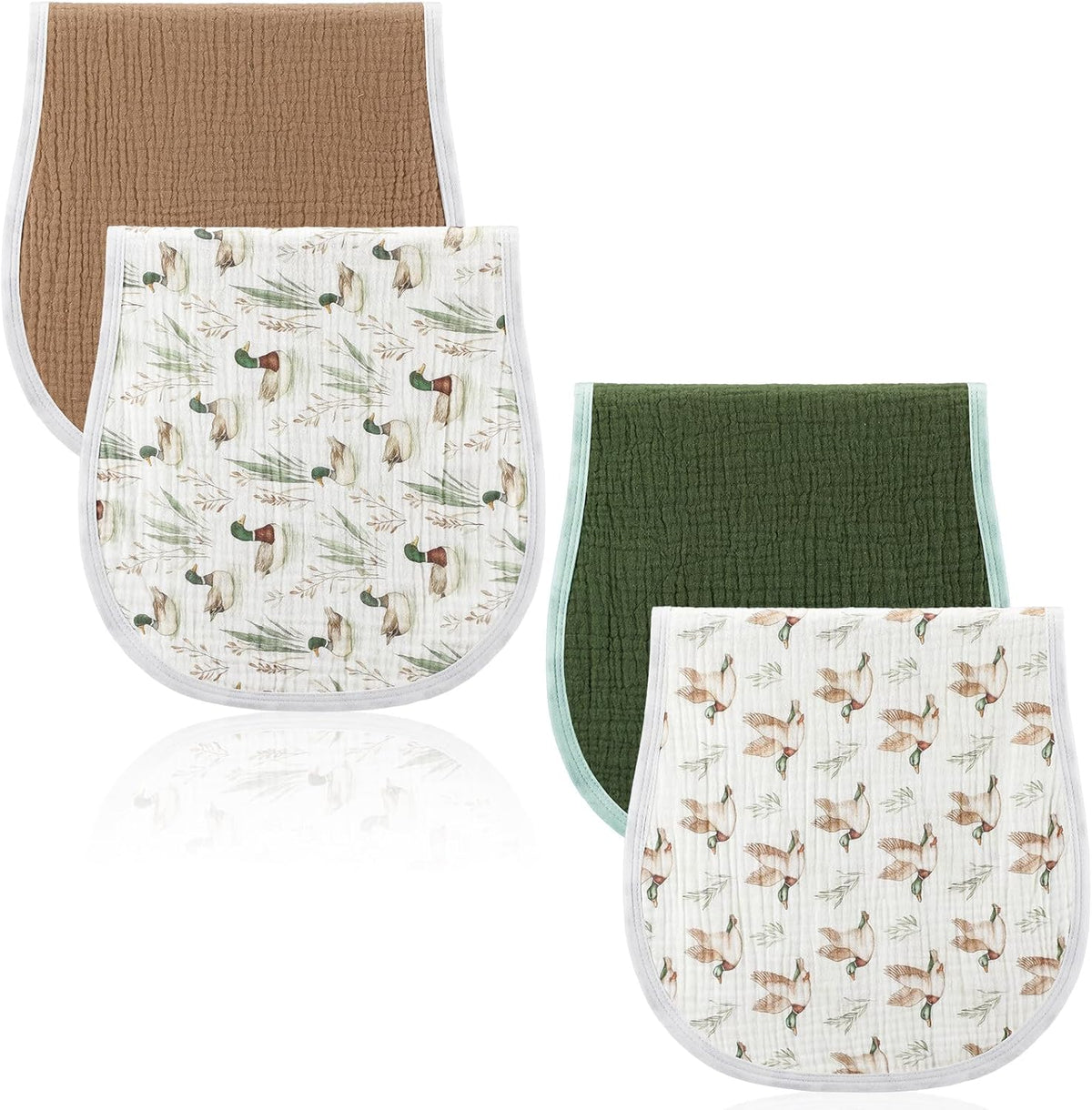 Hahafelt mallard duck baby burp cloths four piece set front view showing classic green and brown solid colors