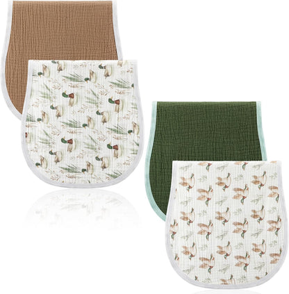 Hahafelt mallard duck baby burp cloths four piece set front view showing classic green and brown solid colors