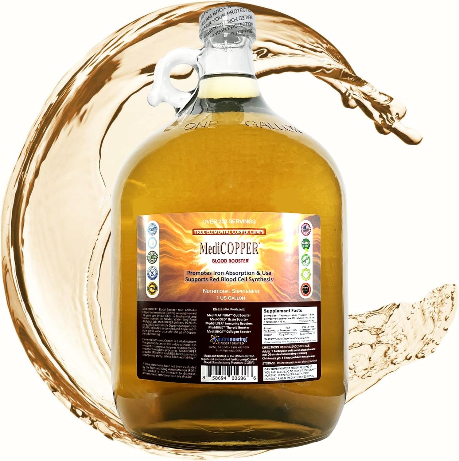 MediCOPPER True Colloidal Copper Supplement front view of one gallon clear glass jug container