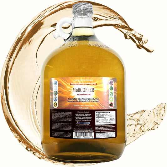 MediCOPPER True Colloidal Copper Supplement front view of one gallon clear glass jug container