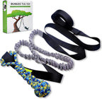 LOOBANI outdoor bungee tug toy front view hanging from a backyard tree branch