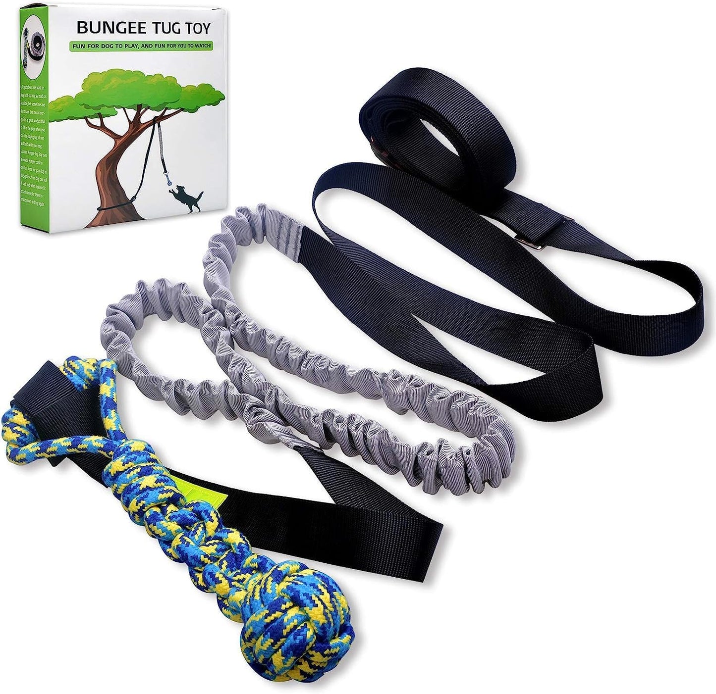 LOOBANI outdoor bungee tug toy front view hanging from a backyard tree branch
