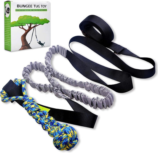 LOOBANI outdoor bungee tug toy front view hanging from a backyard tree branch