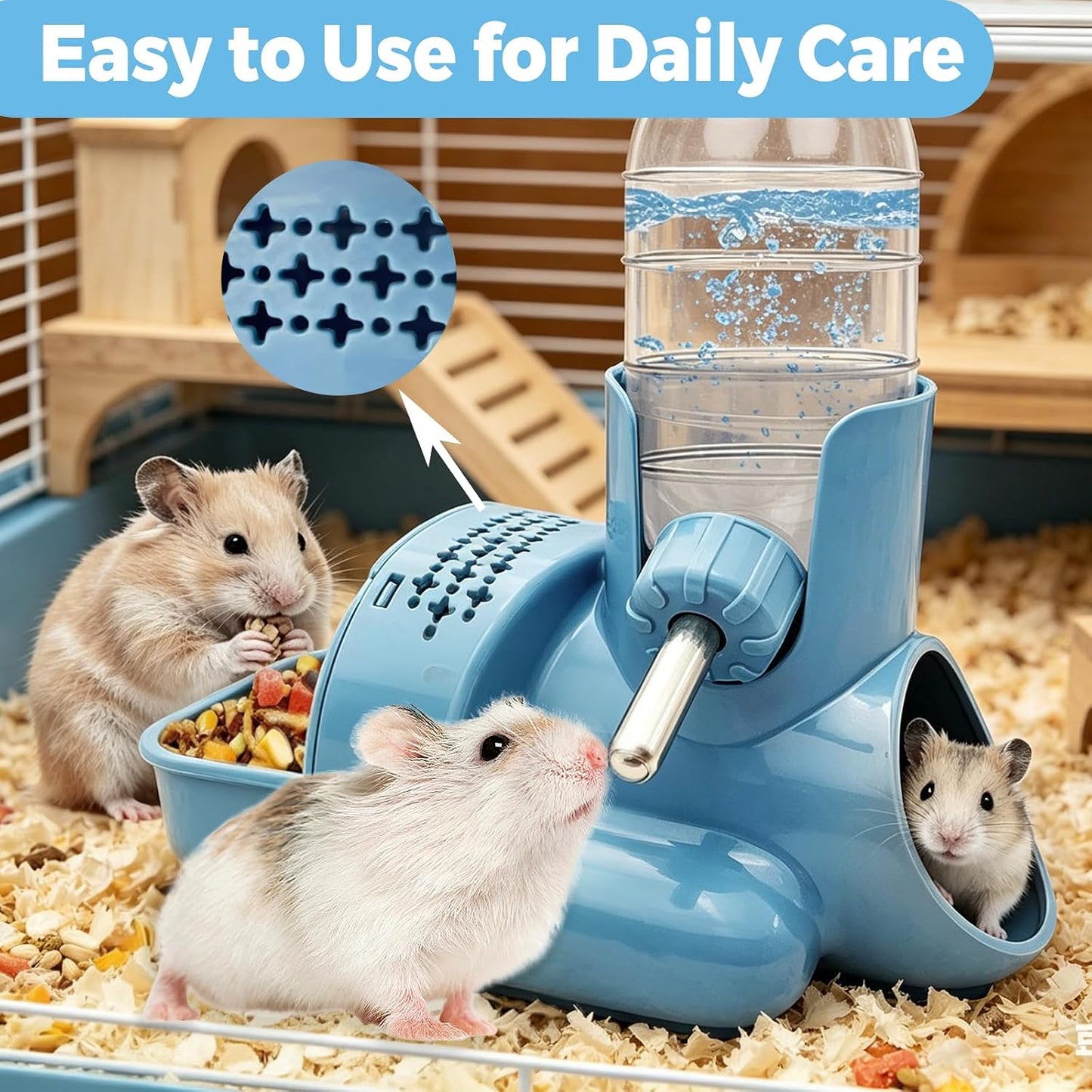 VANNON 3 in 1 Hamster Water Bottle No Drip Small Animal Water Bottle Automatic Bottle Dispenser with Food Container Base Hut and Hideout Base 4oz/120ml,Leekproof, BPA Free - Image 8