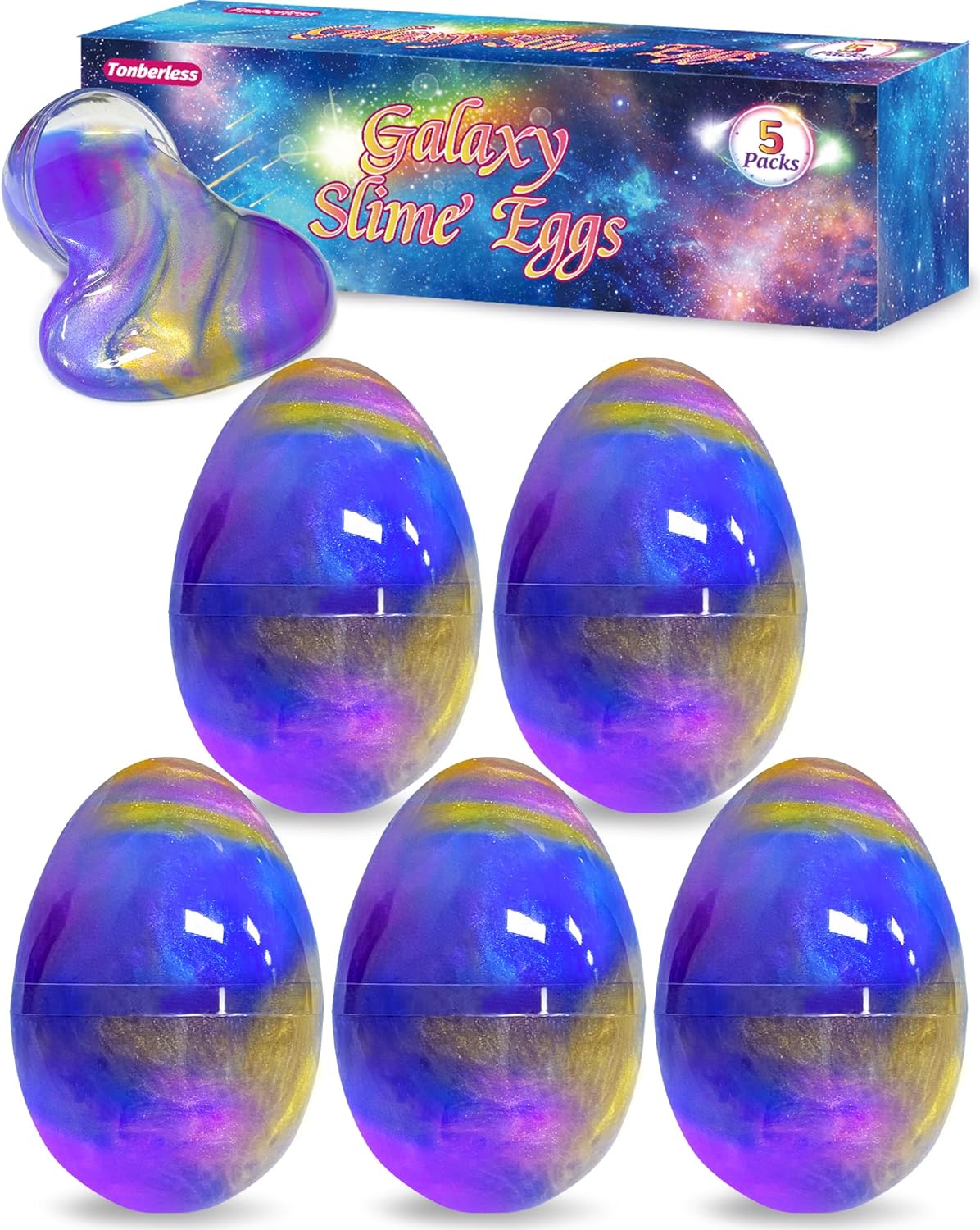 Tonberless 5 pack slime filled eggs front view featuring blue purple and gold galaxy putty