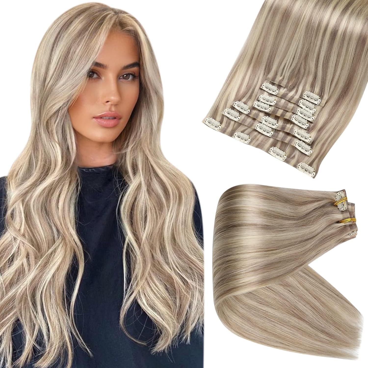Full Shine seamless clip in human hair extensions blonde front view