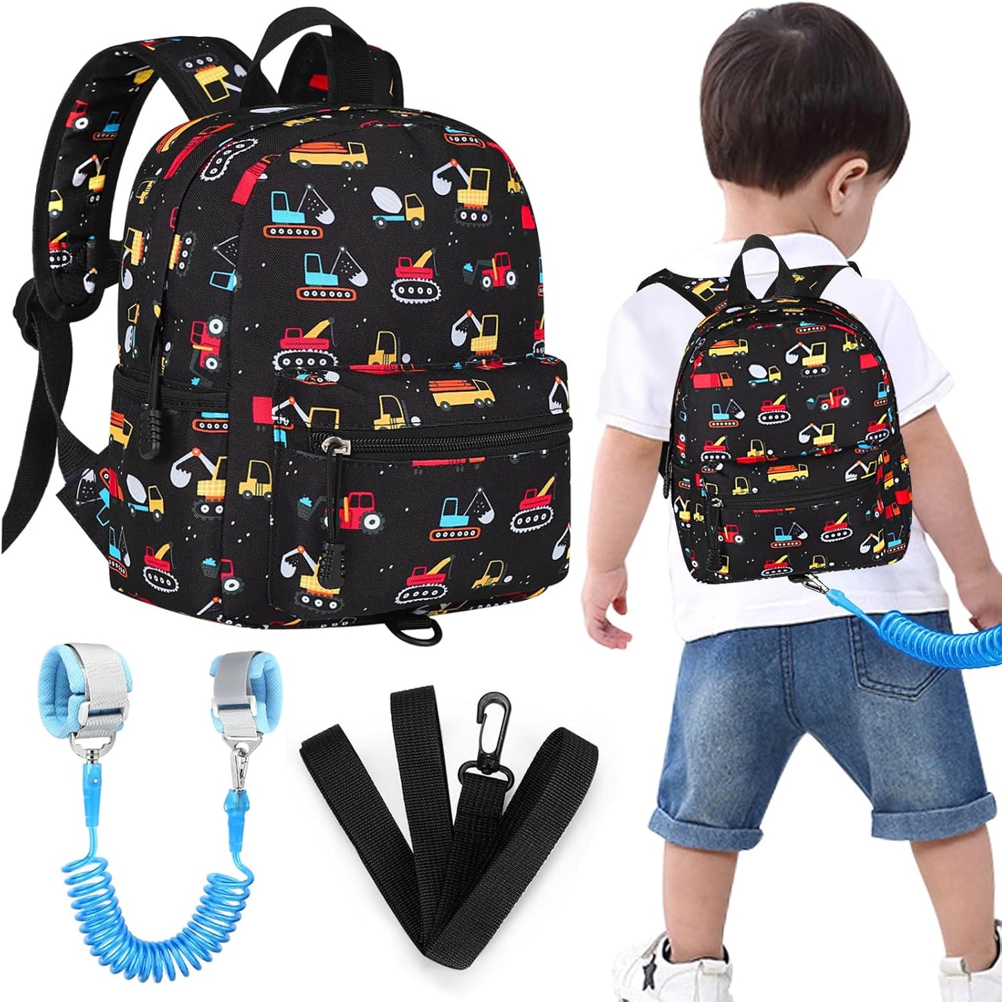 Accmor toddler backpack with leash in black excavator design front view