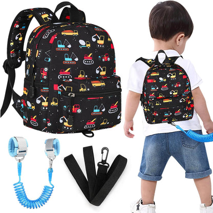 Accmor toddler backpack with leash in black excavator design front view