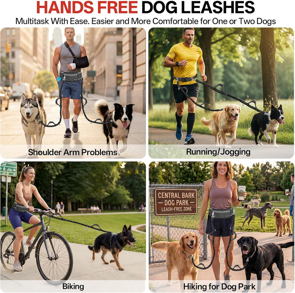 Qltytoy heavy duty dual bungee leash demonstrating the shock absorbing stretch mechanism during a run.