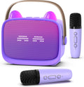 Mgaolo upgraded mini karaoke machine toy front view showing purple speaker and dual microphones