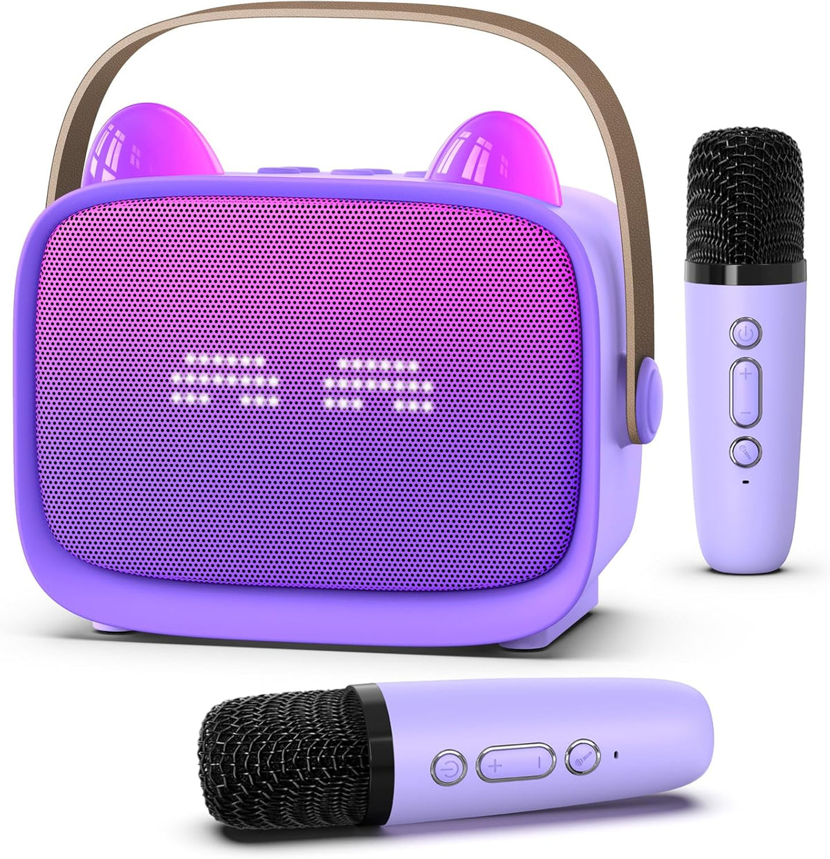 Mgaolo upgraded mini karaoke machine toy front view showing purple speaker and dual microphones