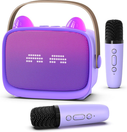 Mgaolo upgraded mini karaoke machine toy front view showing purple speaker and dual microphones