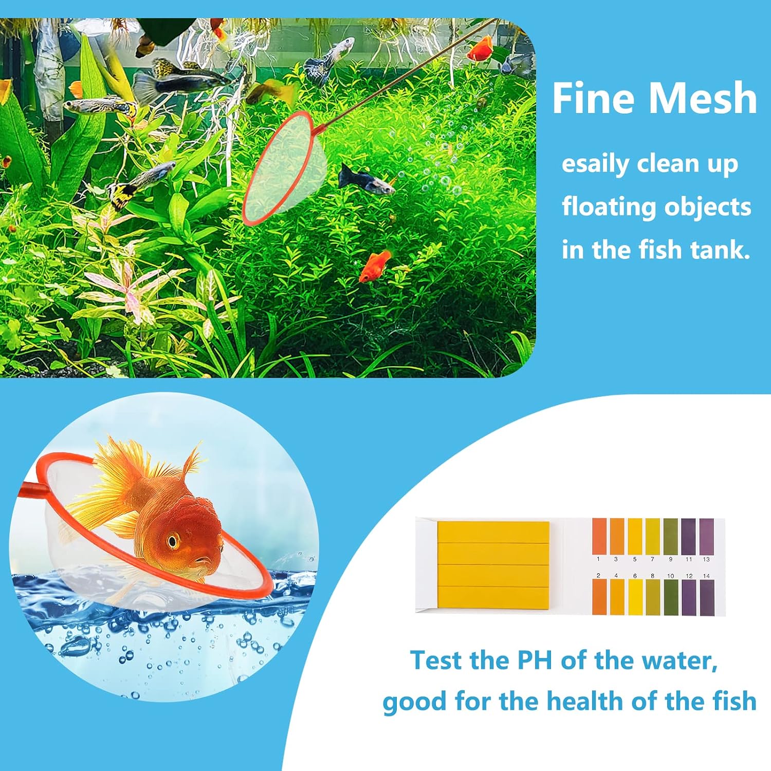 Handy aquatic fish net with long handle for removing debris and handling fish.