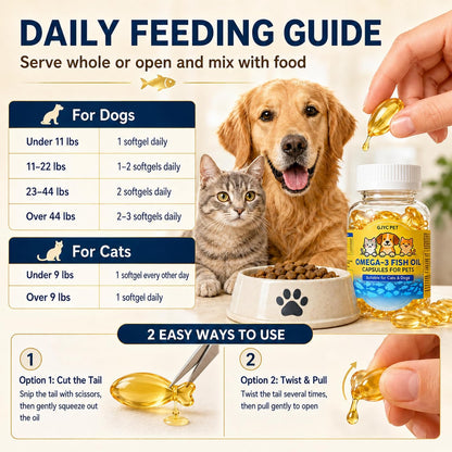 Pet Royale vitamins A D3 E enriched omega fish oil.