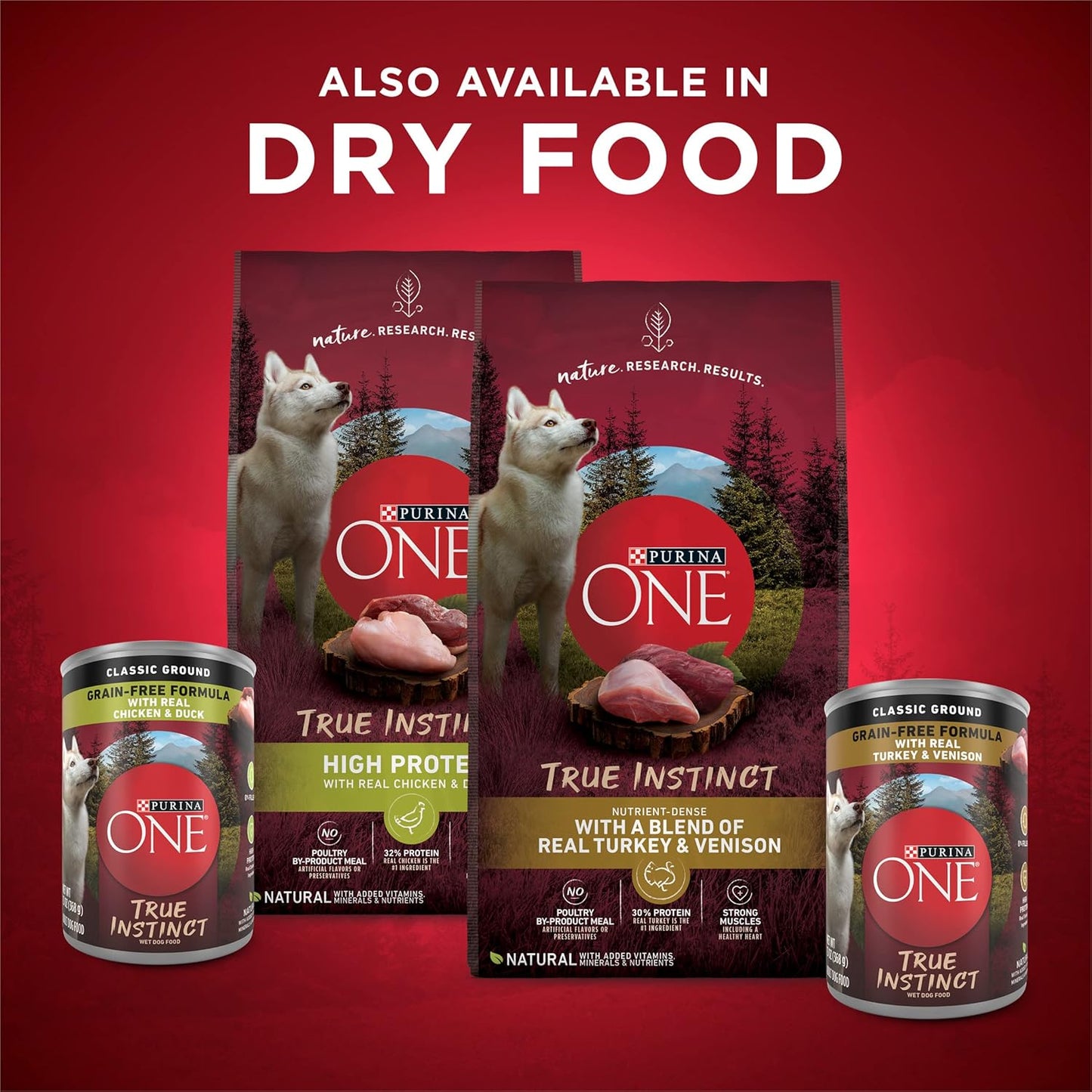 Purina ONE True Instinct 6 pack 13 ounce canned wet dog food stack