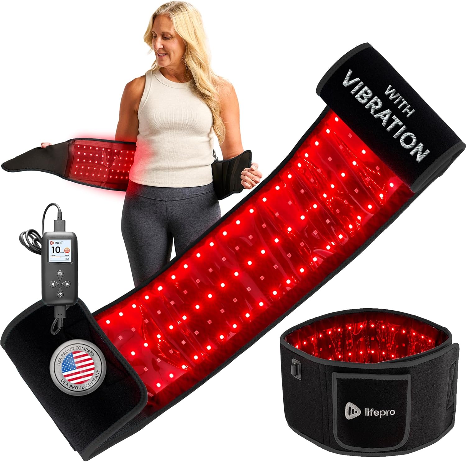 Lifepro Allevared Red Light Therapy Belt front view showing the triple chip LEDs for back pain relief