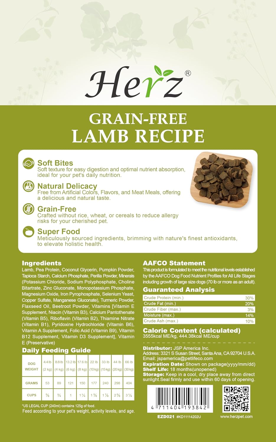 Herz grain free limited ingredient lamb dog food bag showing single source protein details.