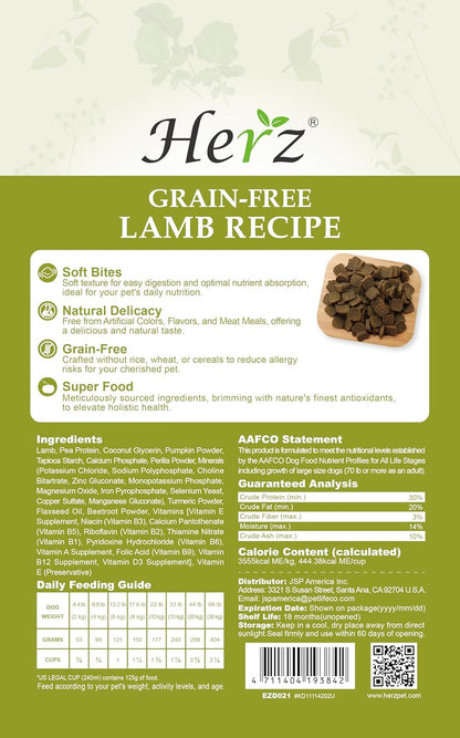 Herz grain free limited ingredient lamb dog food bag showing single source protein details.