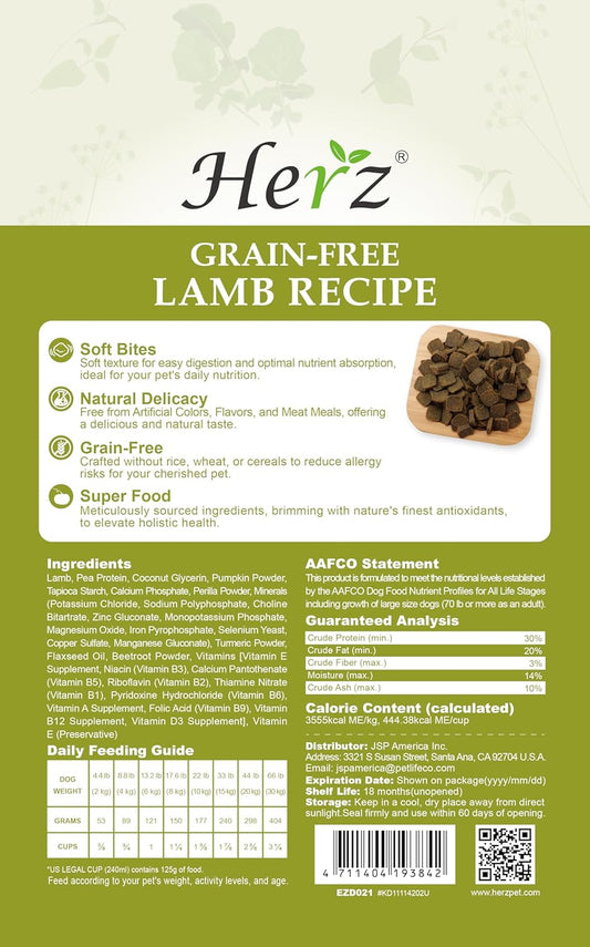 Herz grain free limited ingredient lamb dog food bag showing single source protein details.