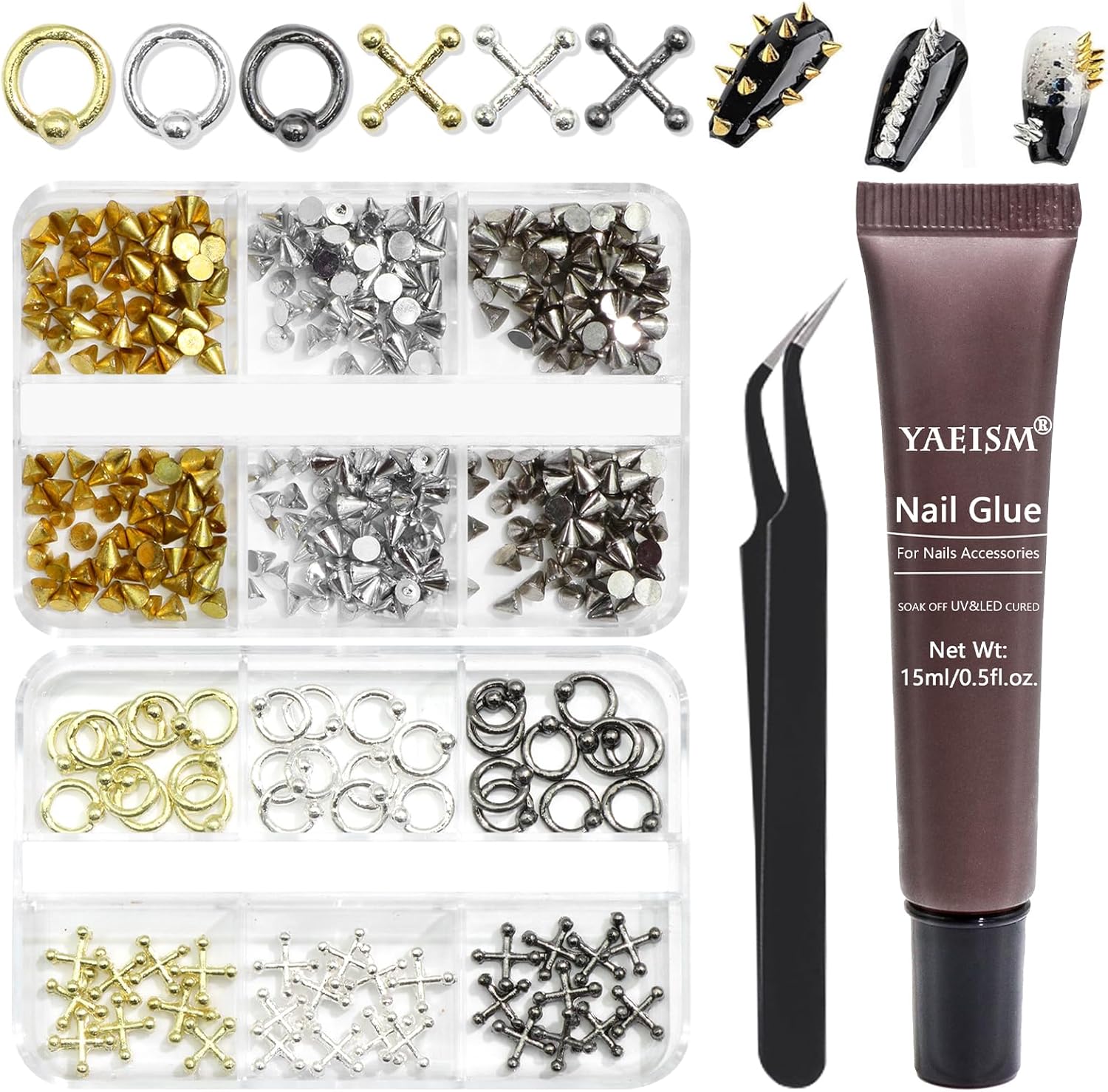 YAEISM punk nail charms kit containing three colors of gothic metal studs and application tools from front view.