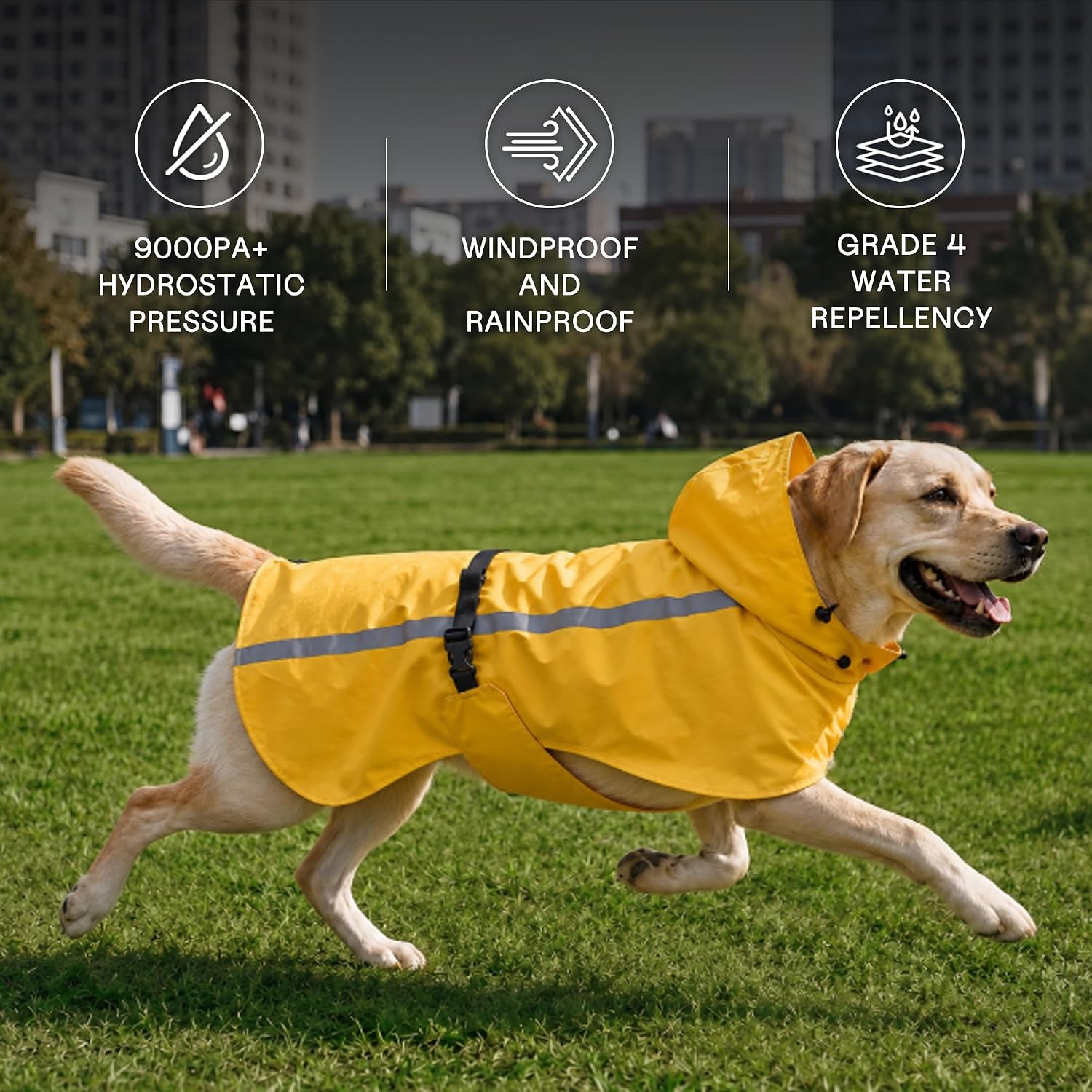 Bright yellow waterproof pet poncho showing the adjustable belly straps.