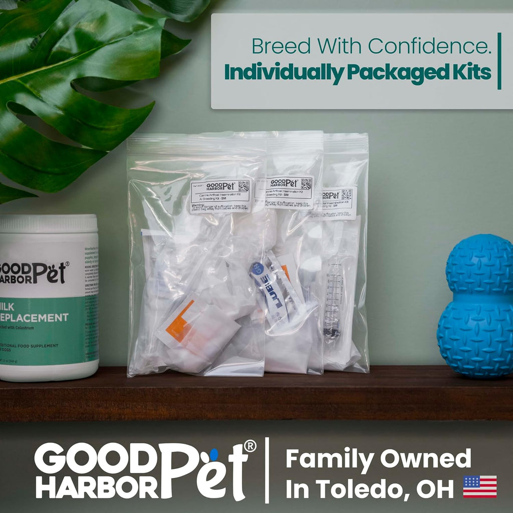 Good Harbor dog breeding kit items displayed including syringe and collection cone