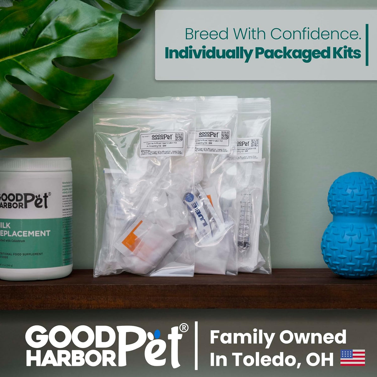 Good Harbor dog breeding kit items displayed including syringe and collection cone