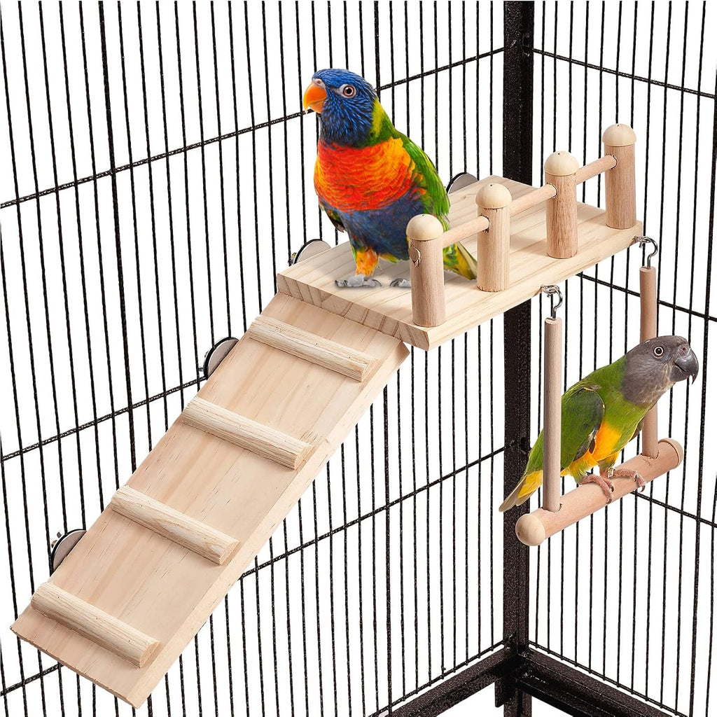 FrgKbTm Bird Perches Platform Swing with Climbing Ladder, Parakeet Cage Accessories Wooden Playing Gyms Exercise Sturdy for Small Birds - Image 1