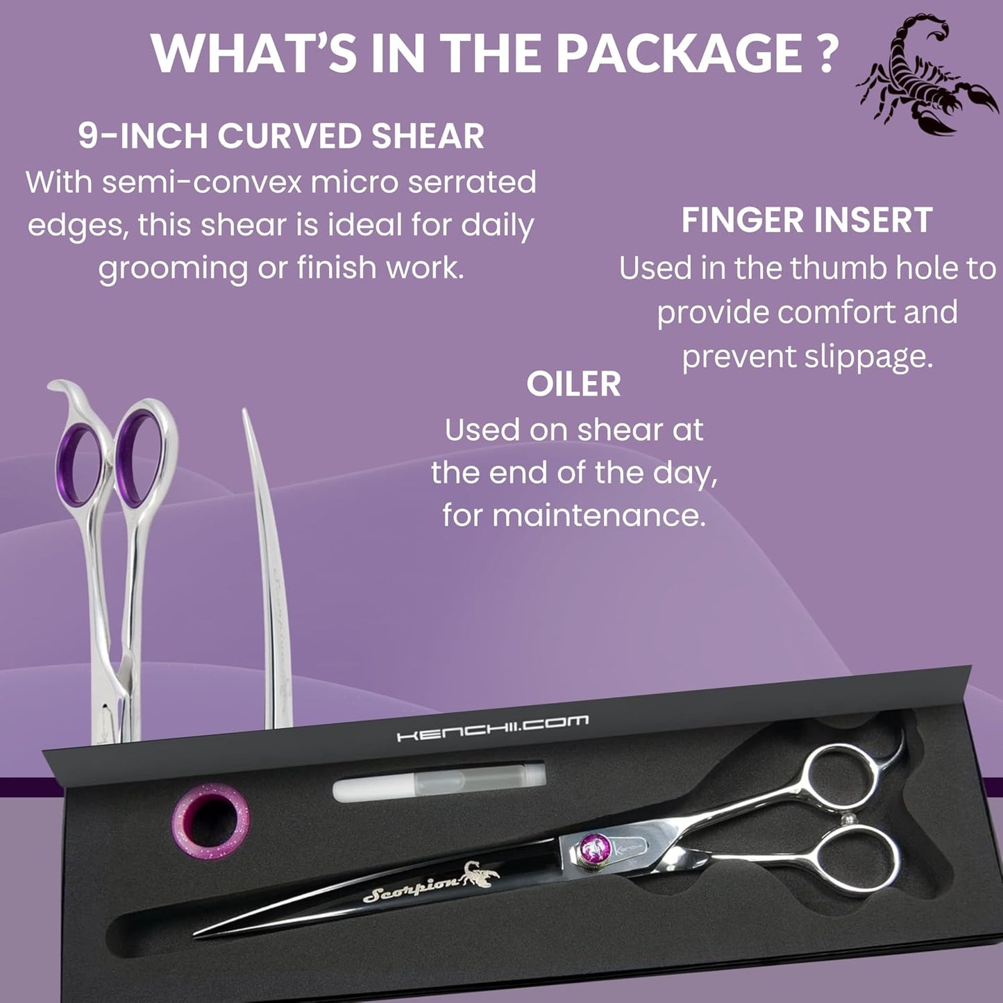 Kenchii Scorpion pet scissors showcasing the premium curved blade design for styling large dogs.