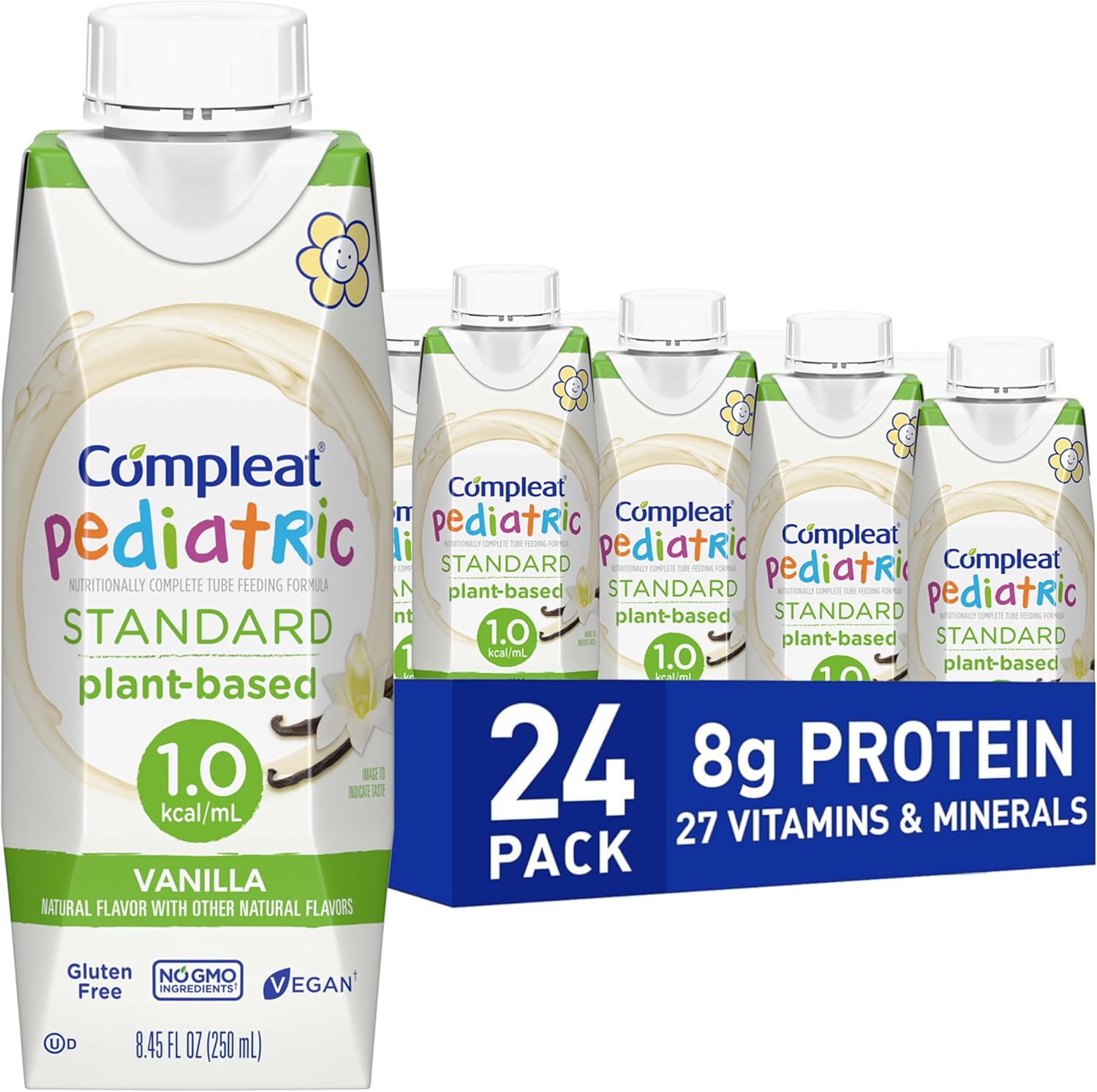 Compleat Pediatric Standard 1.0 tube feeding formula front view pack showing vanilla flavor