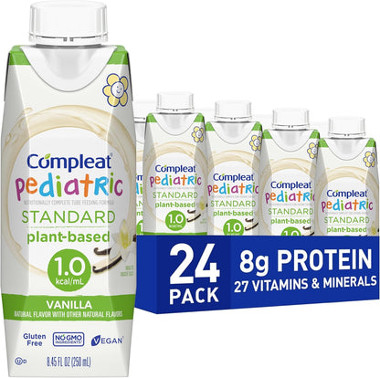 Compleat Pediatric Standard 1.0 tube feeding formula front view pack showing vanilla flavor