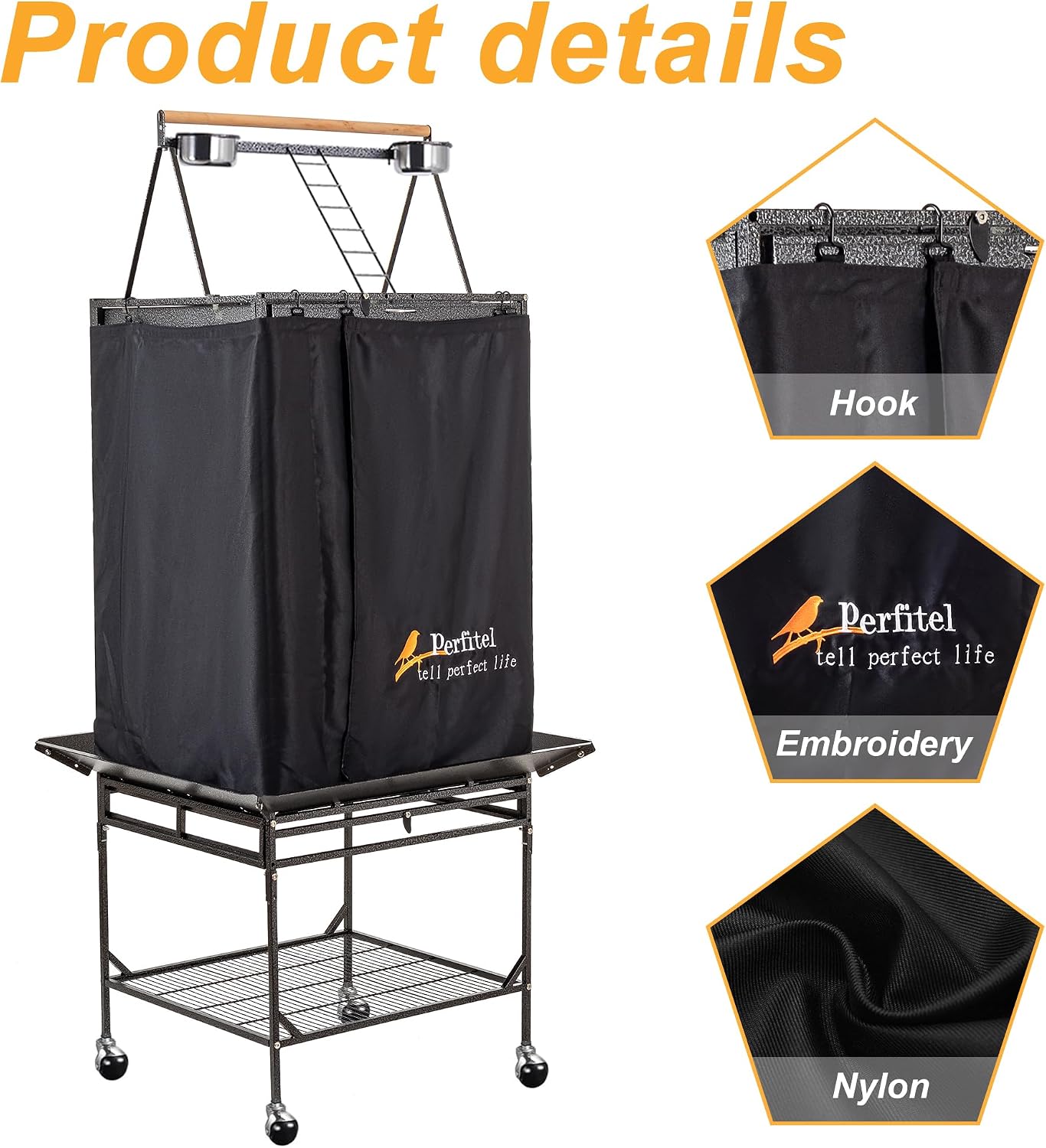 Perfitel large bird cage night cover back section showing the secure hook and loop velcro fasteners
