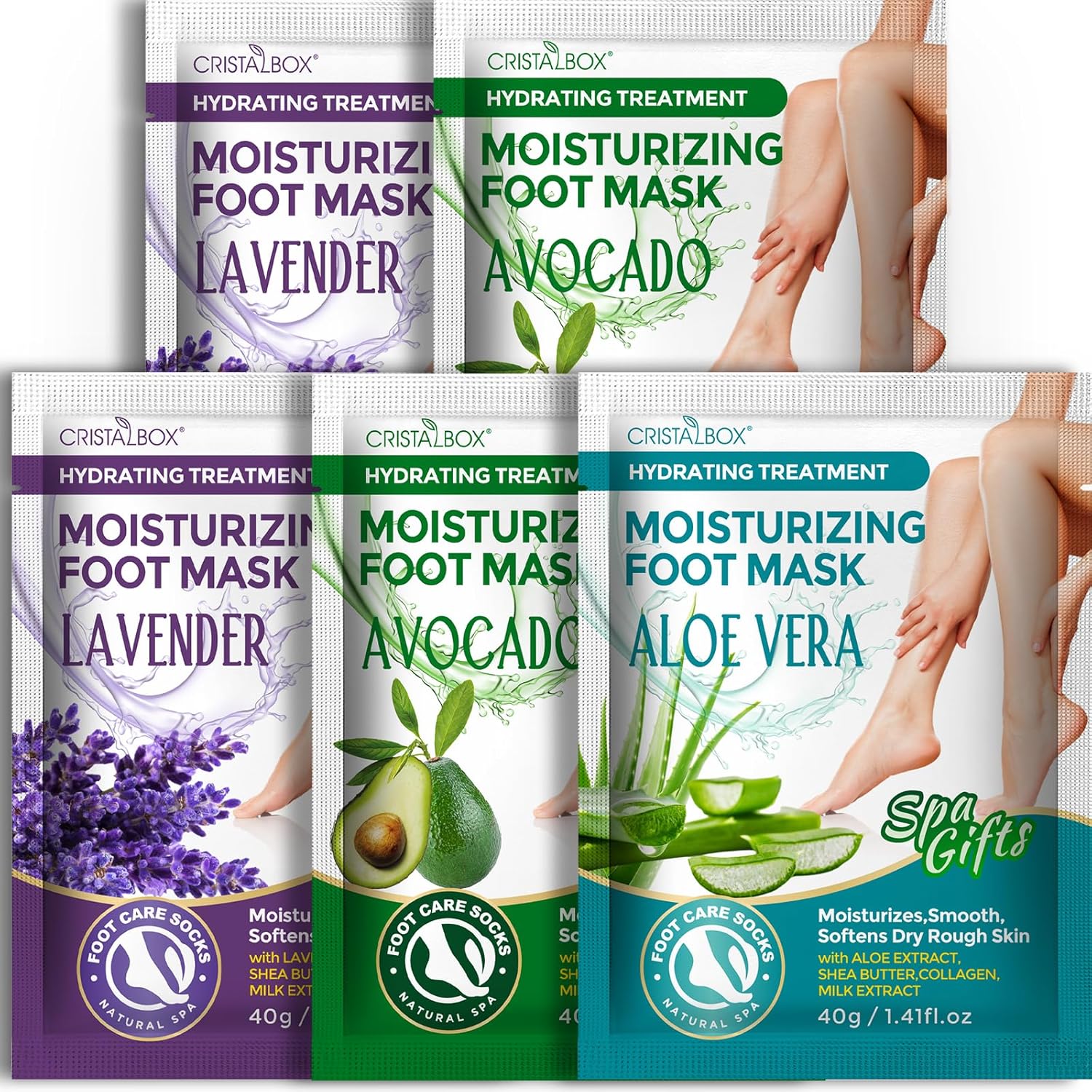 CRISTALBOX moisturizing foot mask five pack packaging front view showing hydrating benefits.