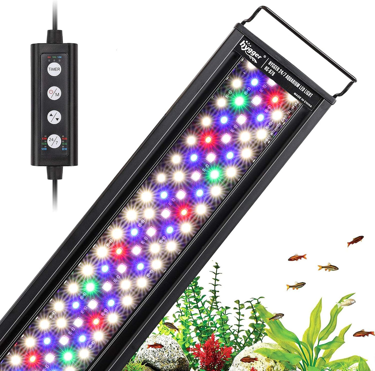 Hygger 42W aquarium LED light front view showcasing full-spectrum multi-color LED beads.