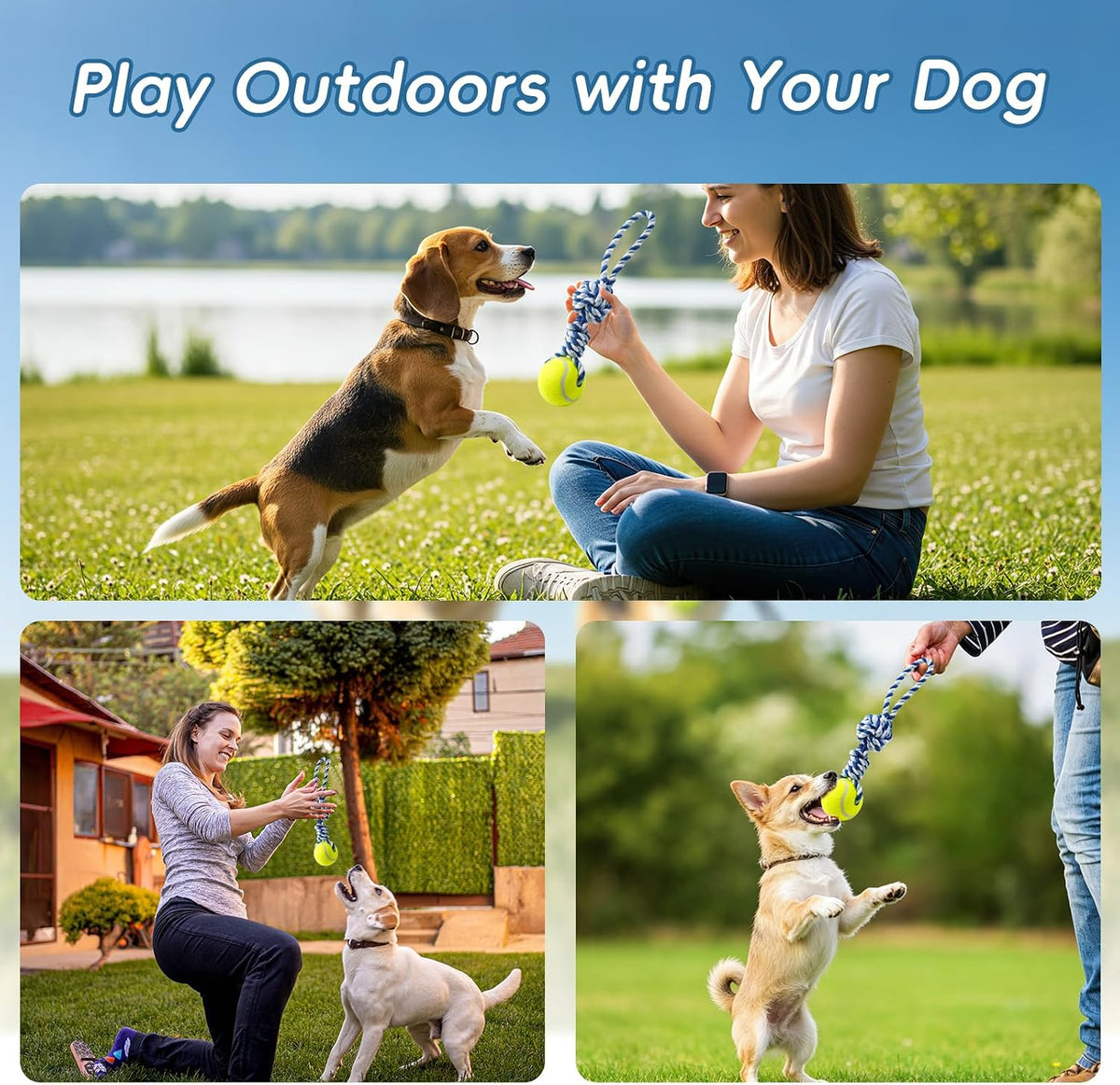 Side view of the interactive tennis ball and braided rope pet accessory