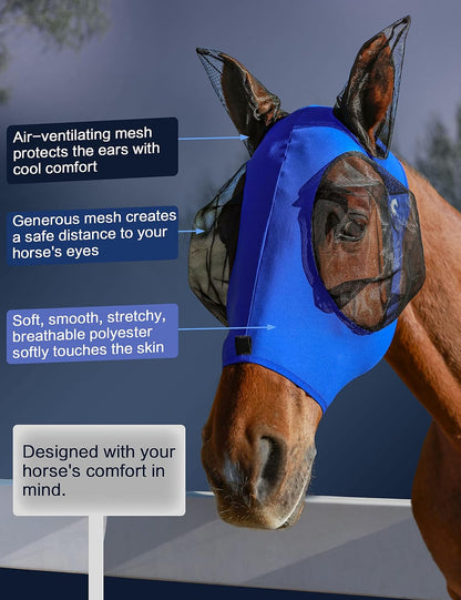 Side profile of horse wearing HackFond stretchy fly mask