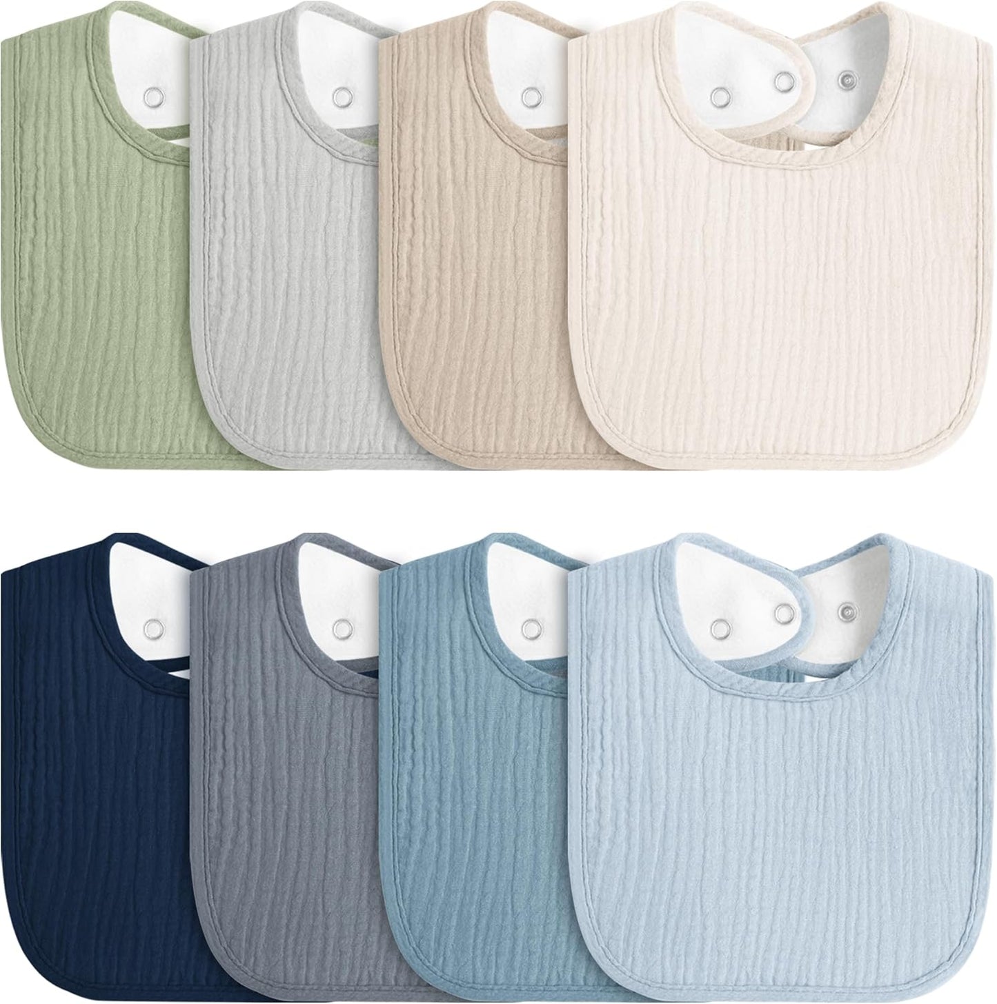 Mairmore 8 pack baby muslin bibs front view set