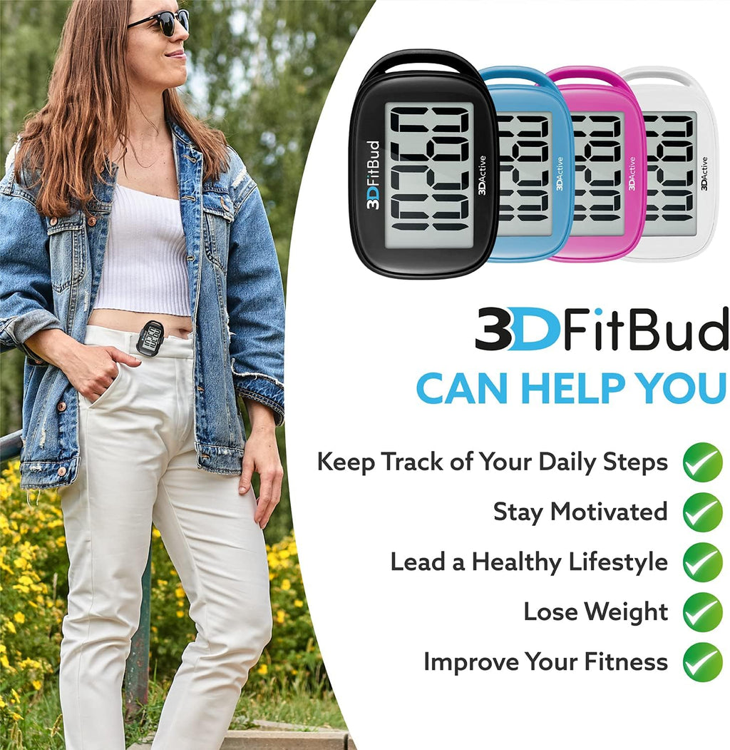 Compact 3DActive 3DFitBud fitness tracker accessory with premium neck lanyard attached.