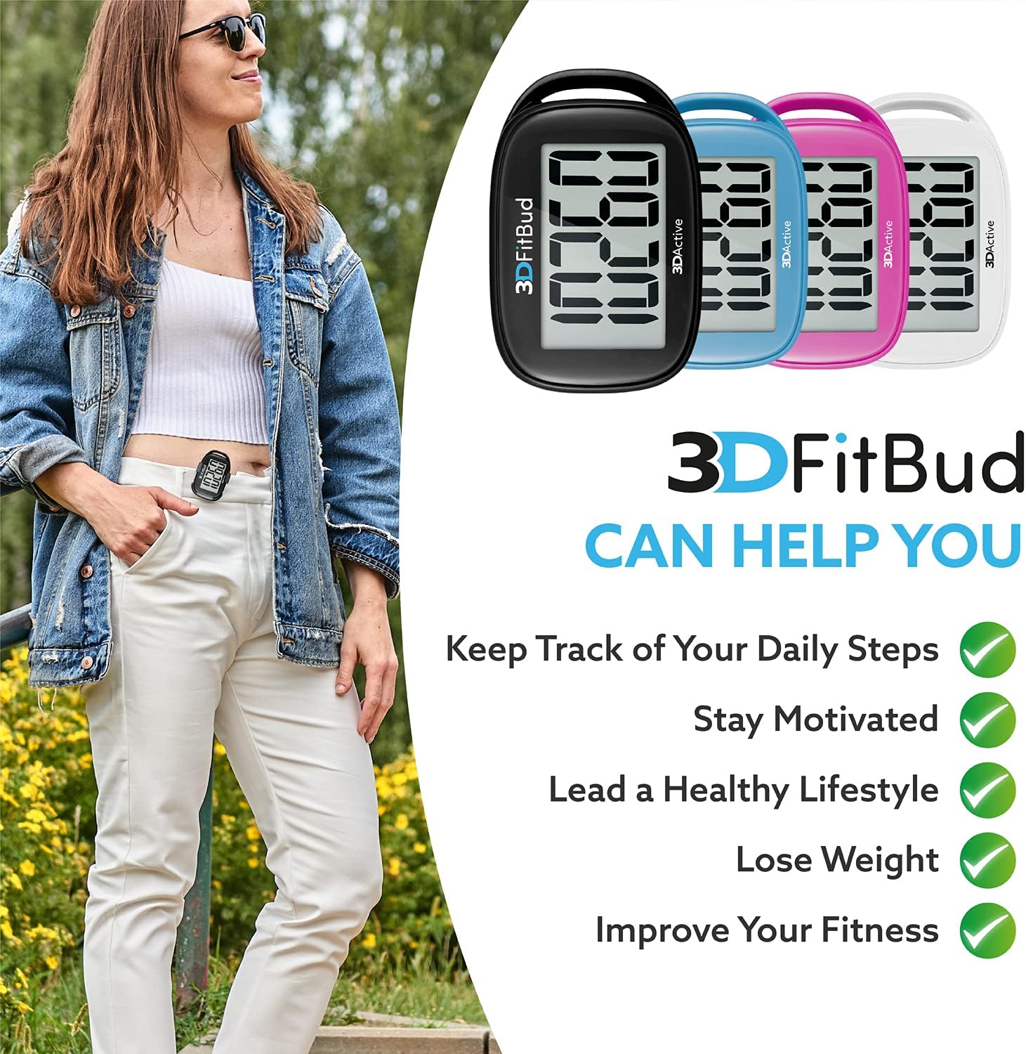 Compact 3DActive 3DFitBud fitness tracker accessory with premium neck lanyard attached.