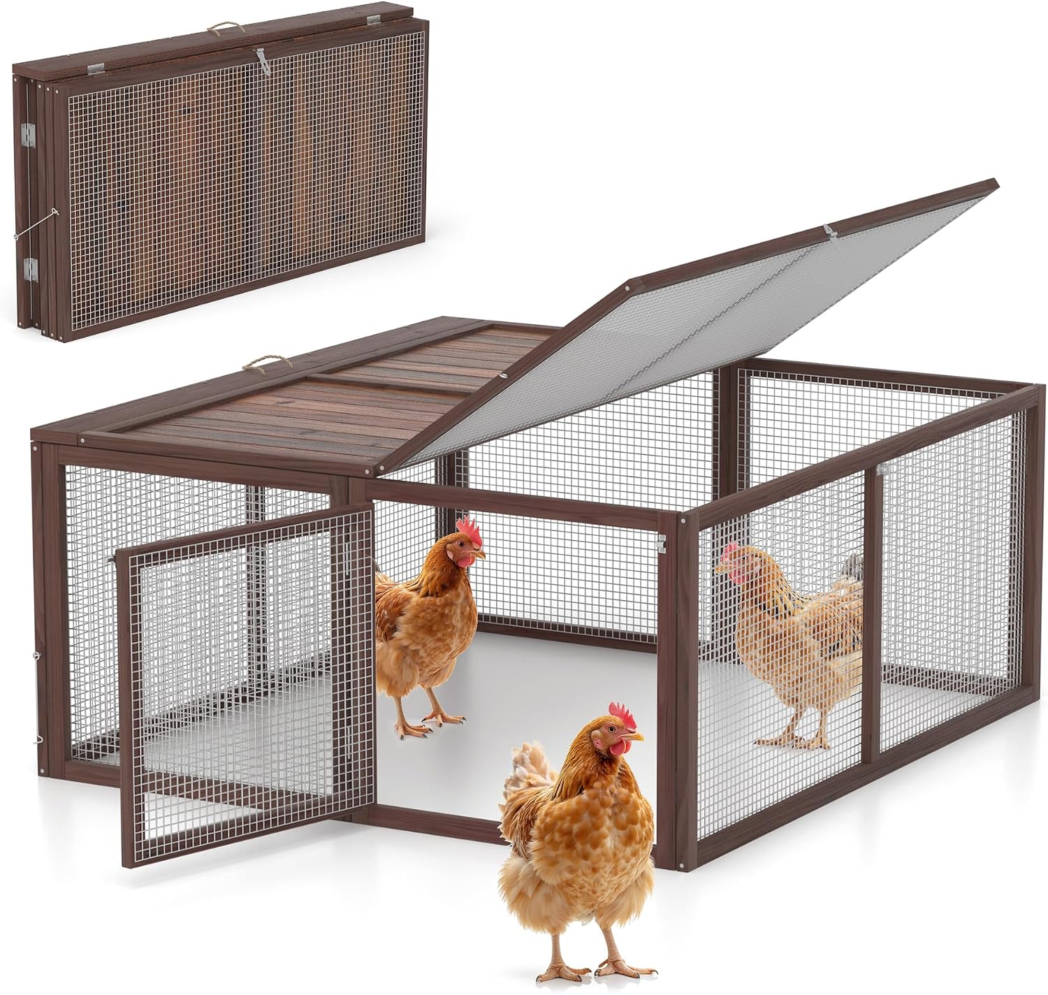 Chicken Coop, Wooden Rabbit Hutch Outdoor Indoor Folding Bunny Cage with Handle Portable Chicken Run with Top & Side Opening Doors Small Animal Playpen No Assembly Pet Poultry Cage for Bunny(Brown) - Image 1
