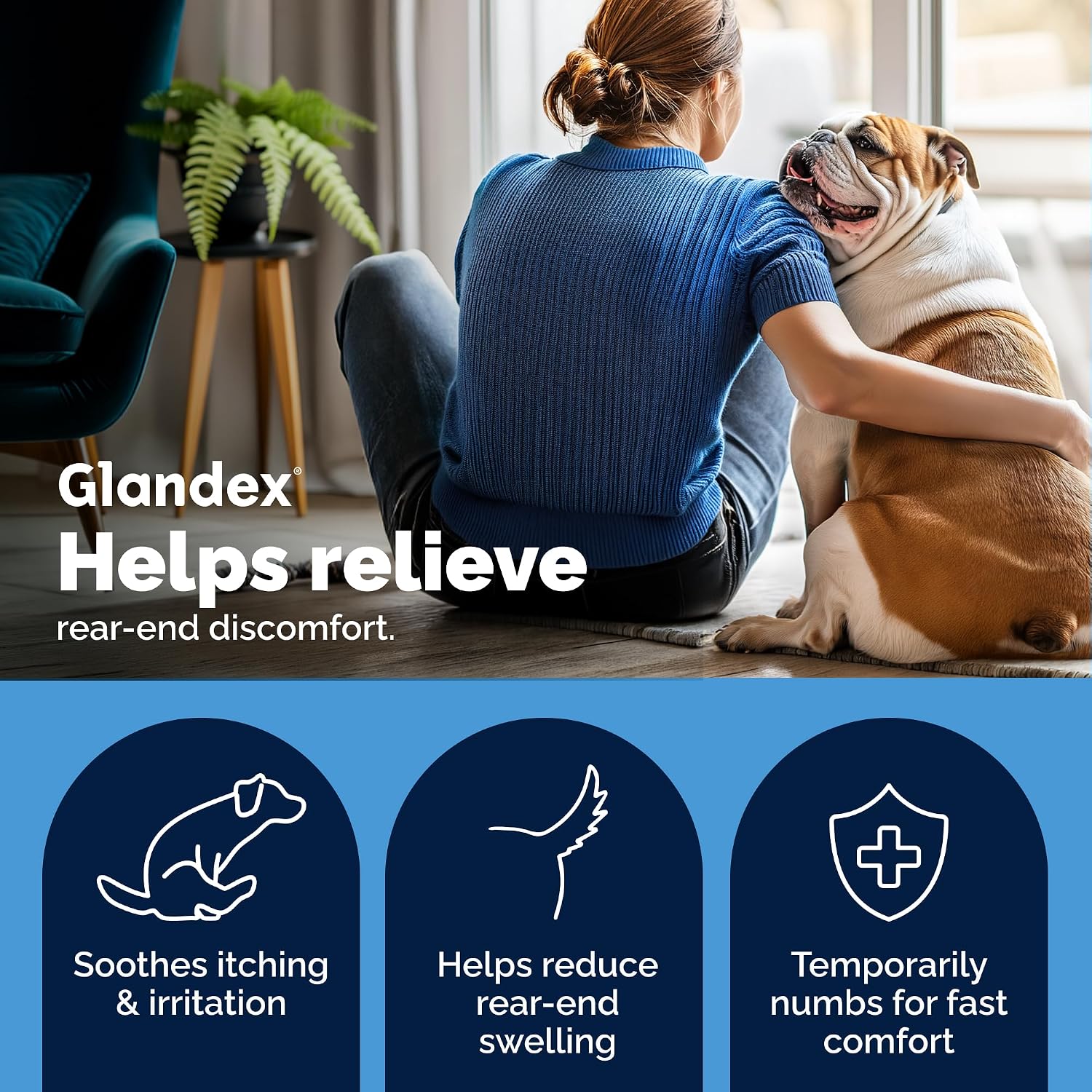 Close up of the clinical strength Vetnique Glandex medicated cotton wipes for dog and cat rear end hygiene.