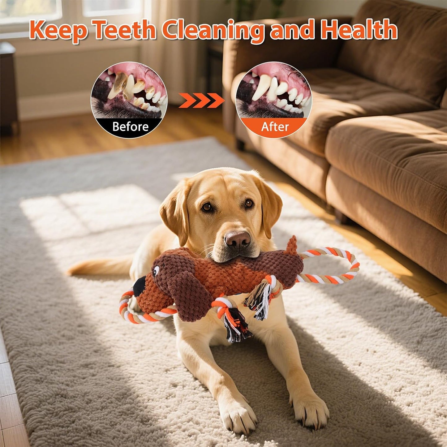 Tough tug of war pet toy with built-in rope handle.