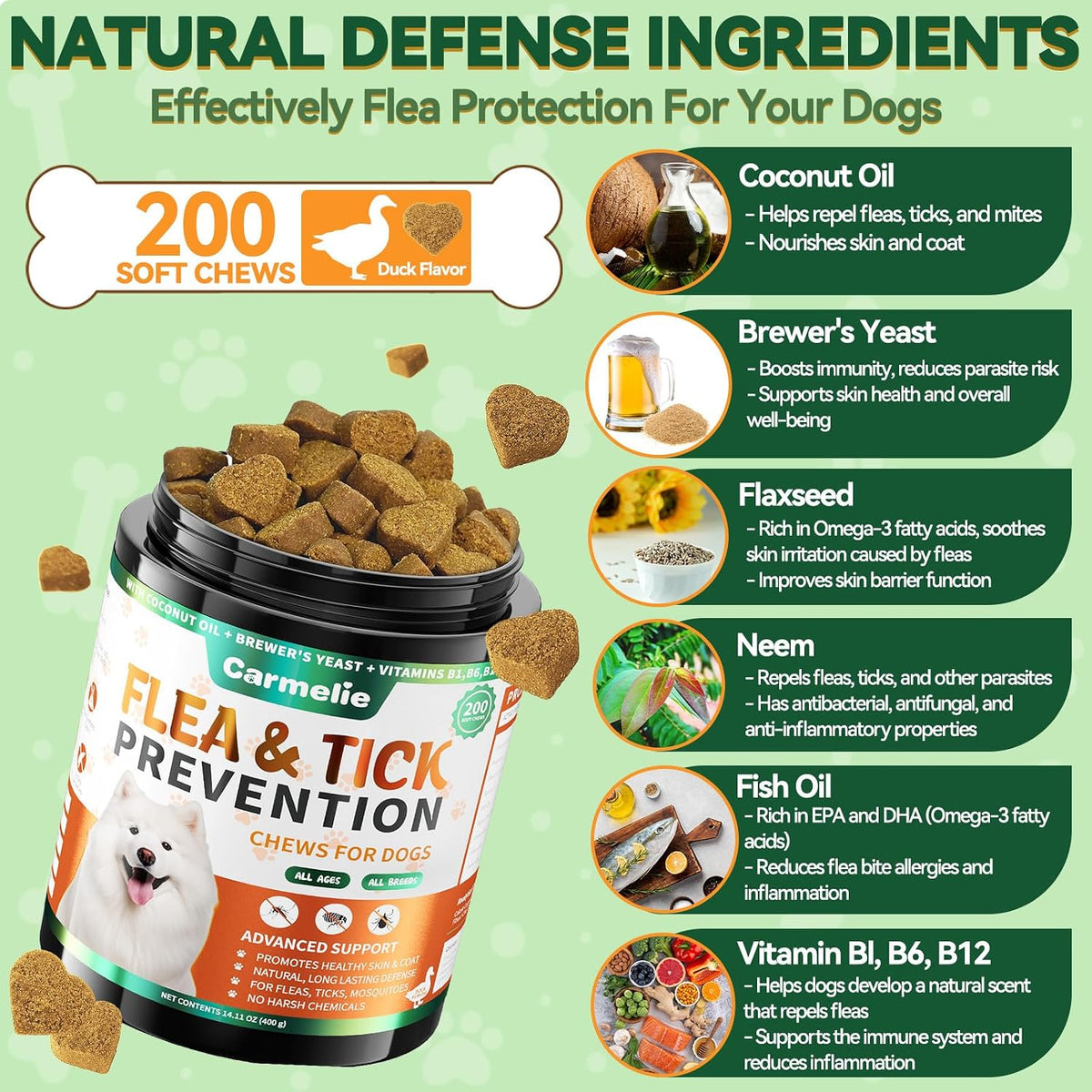 Back label of Carmelie natural dog flea and tick chews highlighting USA imported ingredient quality.