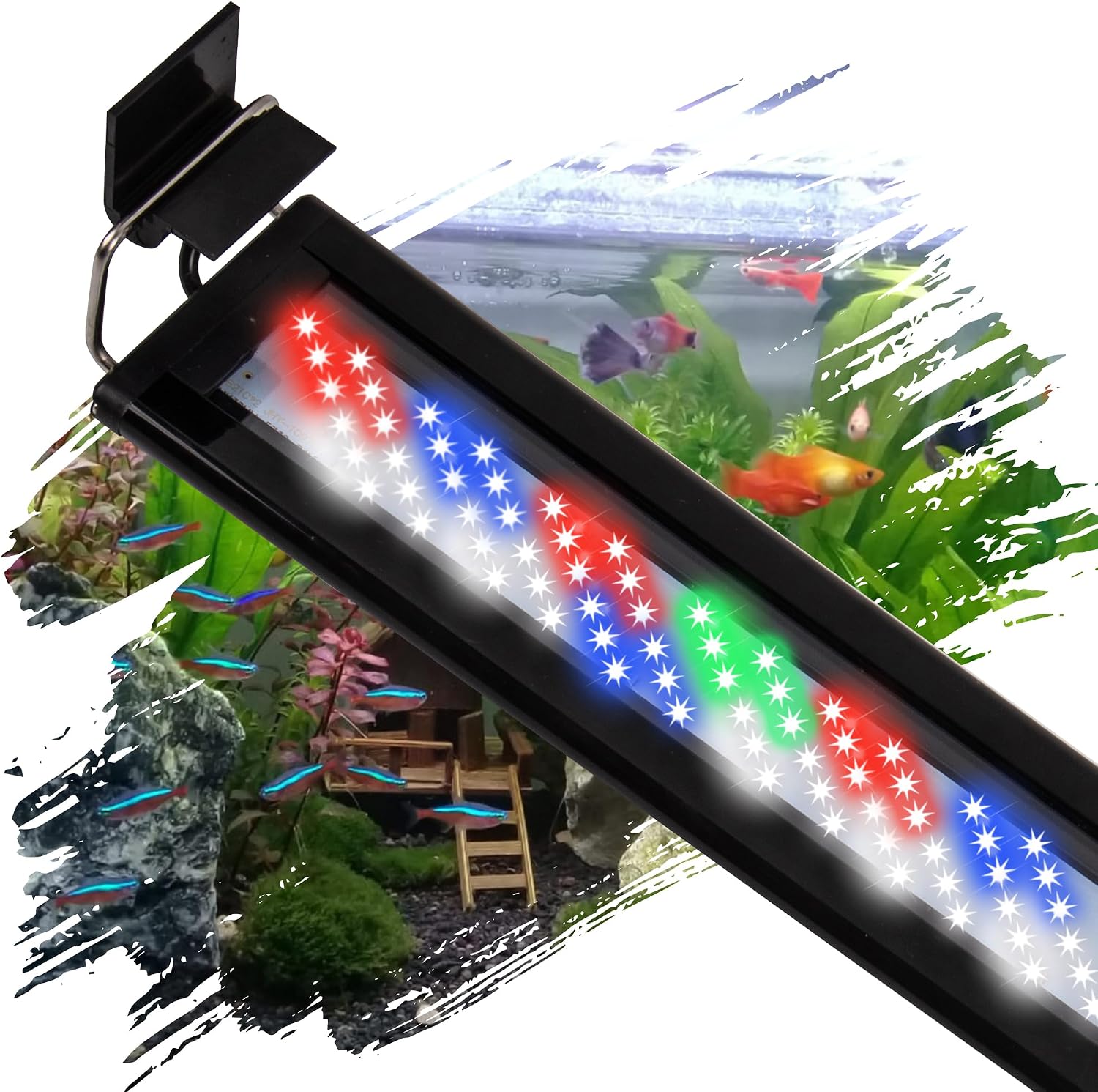 IRQWY LED Aquarium Light front view showing full spectrum illumination over a freshwater tank.