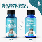 Close up of the holistic eye care label detailing the four hundred count tasteless pills for cats.