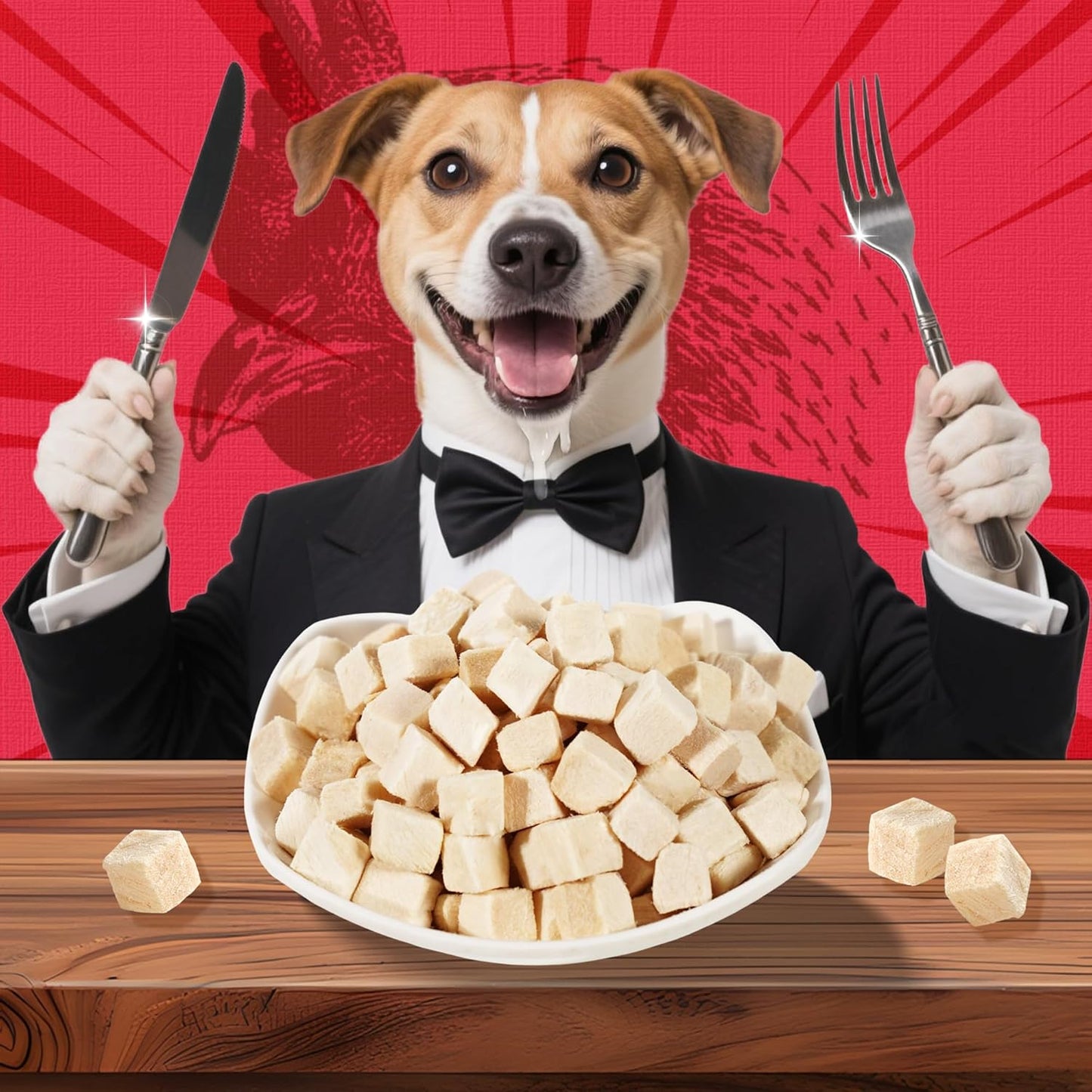 Just Try raw single ingredient chicken treats poured as food topper on pet food bowl